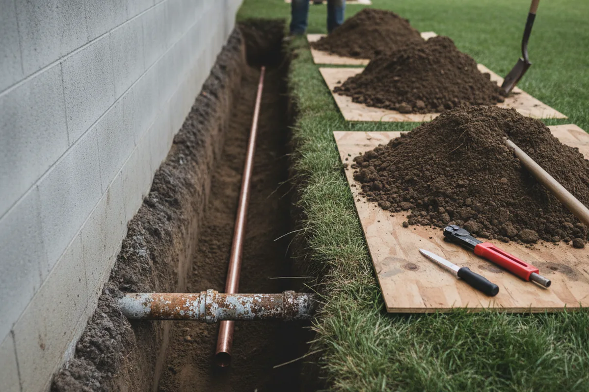 Excavated water line trench during Water Softener Installation in Glen Easton